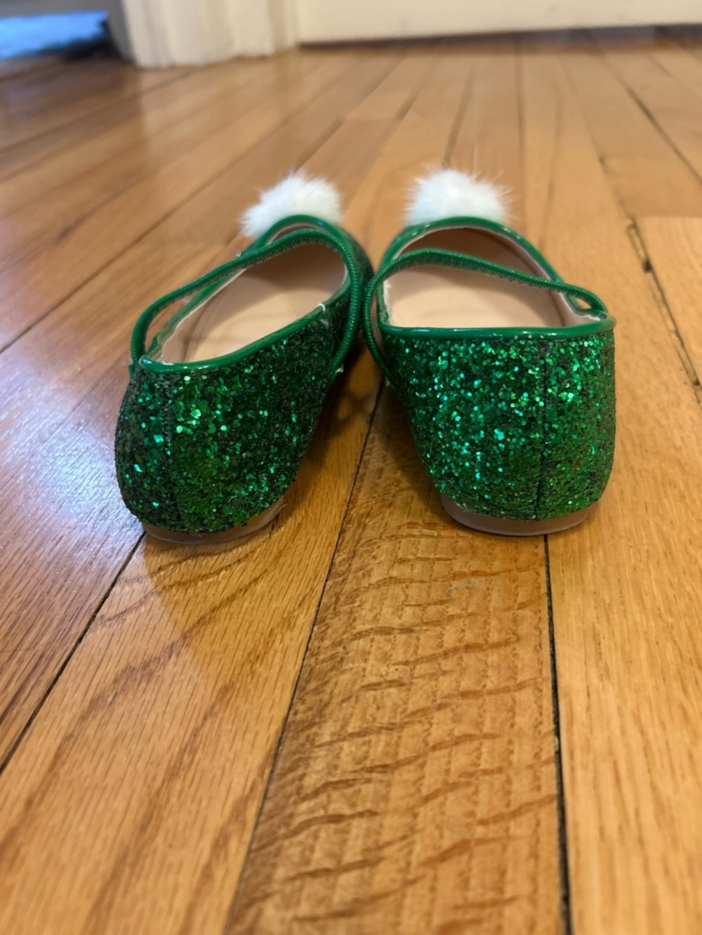 Kailee P brand Rock Glitter Mary Jane Ballet Flats with White Faux Fur Puff - Picture 8 of 9